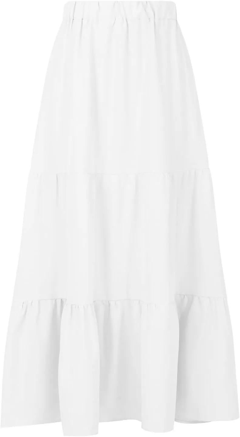 hlysgo Long Skirts for Women Casual Ruffle Tiered Skirts Trendy Boho Solid Flowy Swing Maxi Skirt with Pockets