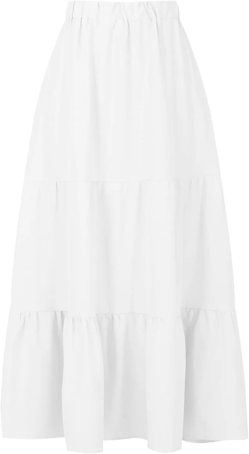 hlysgo Long Skirts for Women Casual Ruffle Tiered Skirts Trendy Boho Solid Flowy Swing Maxi Skirt with Pockets