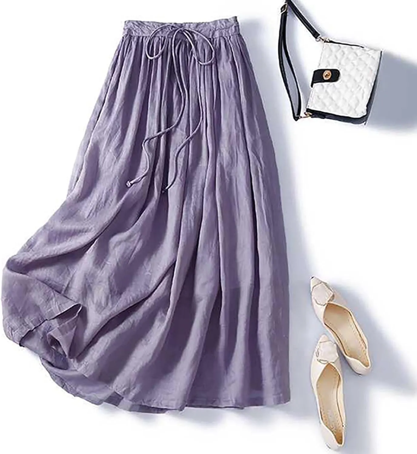 hlysgo Women's Boho High Waist A Line Pleated Flowy Midi Skirts Lightweight Summer Cotton Linen Long Skirt with Pockets