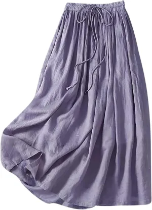 hlysgo Women's Boho High Waist A Line Pleated Flowy Midi Skirts Lightweight Summer Cotton Linen Long Skirt with Pockets