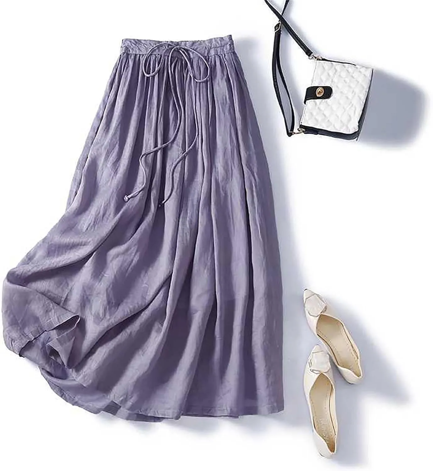 hlysgo Women's Boho High Waist A Line Pleated Flowy Midi Skirts Lightweight Summer Cotton Linen Long Skirt with Pockets