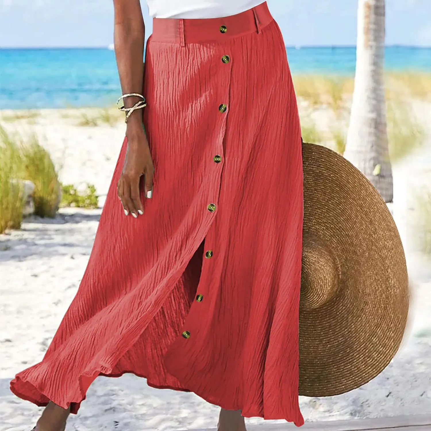 hlysgo Womens Casual High Waist Button Down Front Long Maxi Skirt Boho Solid Flowy Skirts Summer Beach Dresses