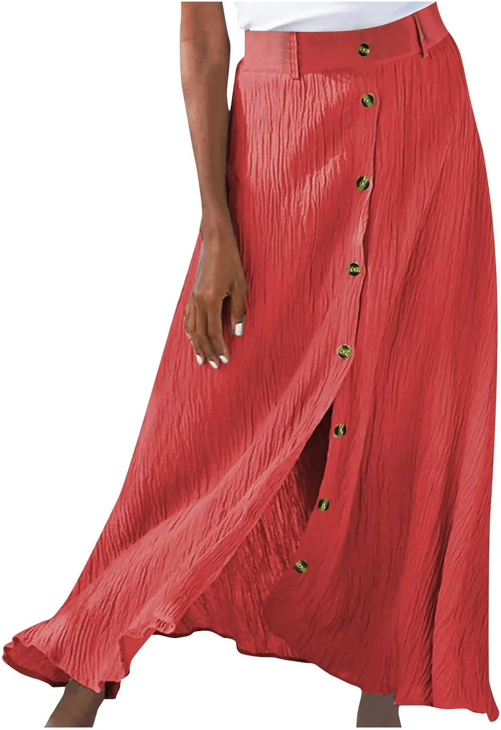 hlysgo Womens Casual High Waist Button Down Front Long Maxi Skirt Boho Solid Flowy Skirts Summer Beach Dresses