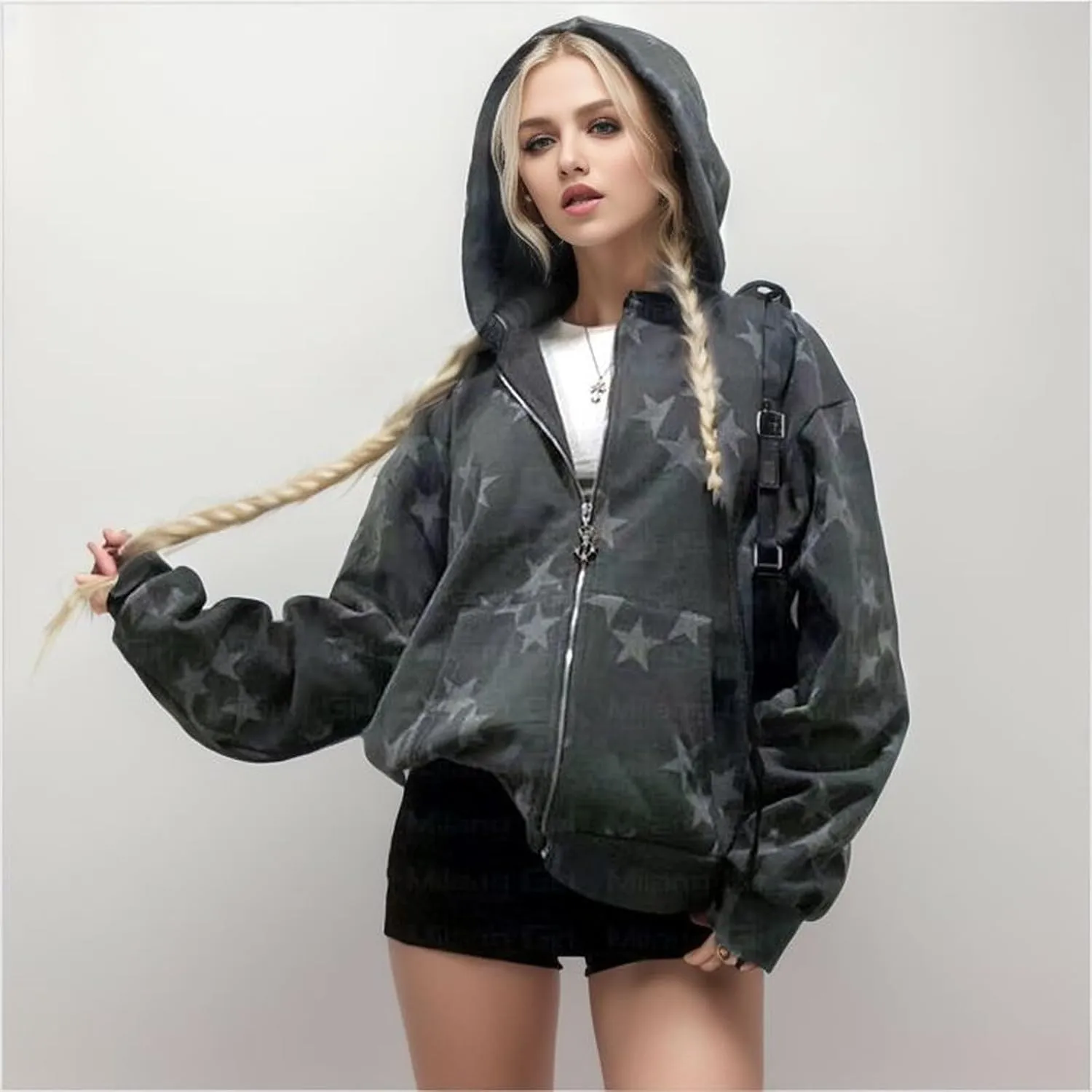 Hoodies For Women Star Print Trendy Zip Up Jackets Long Sleeve Vintage Sweatshirts Teen Girls Fall Outfit, Large