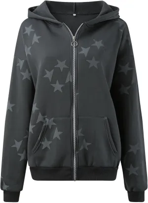 Hoodies For Women Star Print Trendy Zip Up Jackets Long Sleeve Vintage Sweatshirts Teen Girls Fall Outfit, Large