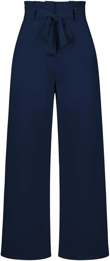 HOULENGS Women's High Waist Straight Suit Trousers Casual Wide Leg Long Pants with Pockets