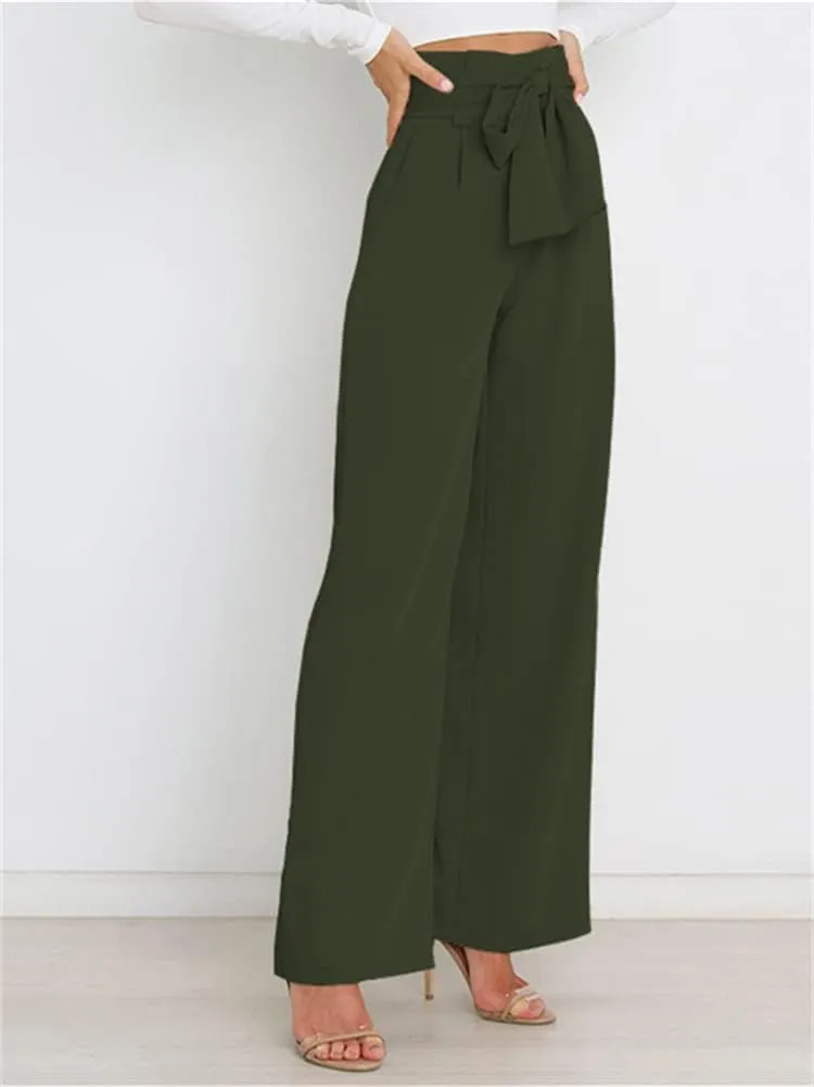 HOULENGS Women's High Waist Straight Suit Trousers Casual Wide Leg Long Pants with Pockets