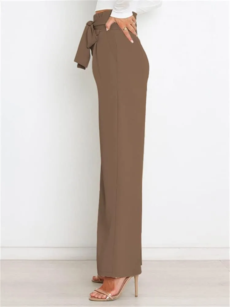 HOULENGS Women's High Waist Straight Suit Trousers Casual Wide Leg Long Pants with Pockets