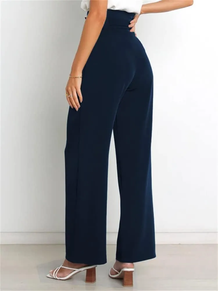 HOULENGS Women's High Waist Straight Suit Trousers Casual Wide Leg Long Pants with Pockets