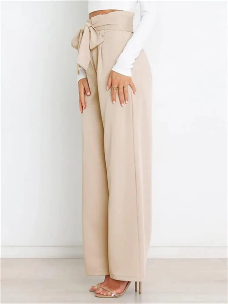 HOULENGS Women's High Waist Straight Suit Trousers Casual Wide Leg Long Pants with Pockets