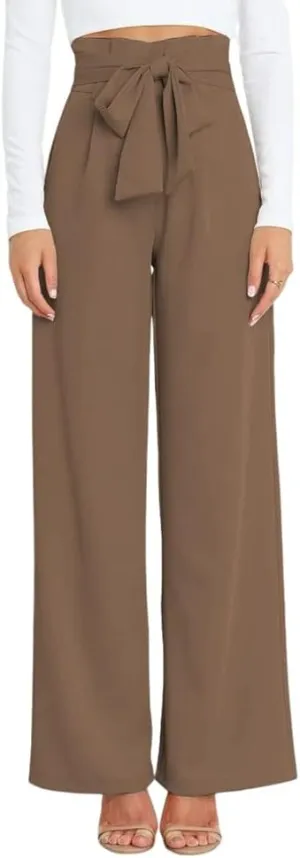 HOULENGS Women's High Waist Straight Suit Trousers Casual Wide Leg Long Pants with Pockets
