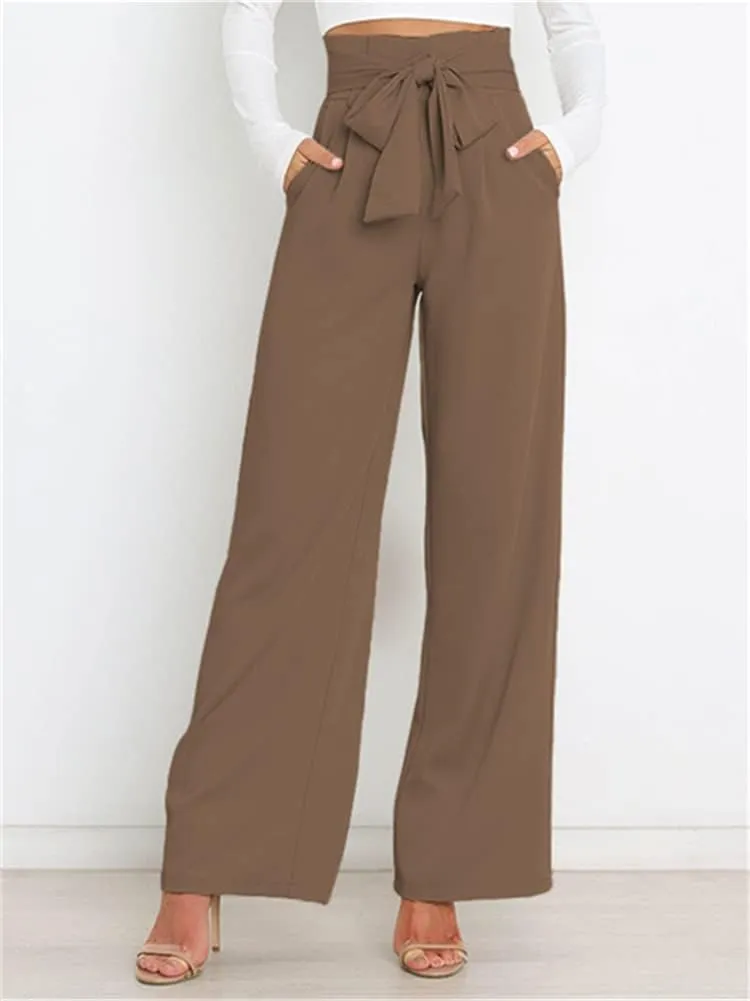 HOULENGS Women's High Waist Straight Suit Trousers Casual Wide Leg Long Pants with Pockets