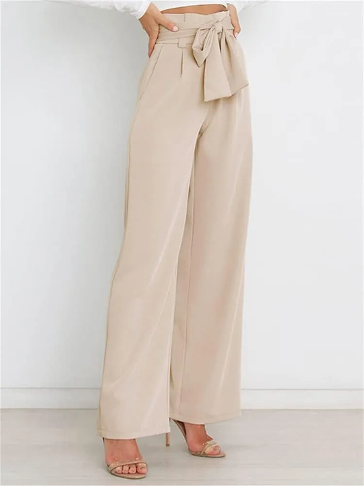 HOULENGS Women's High Waist Straight Suit Trousers Casual Wide Leg Long Pants with Pockets