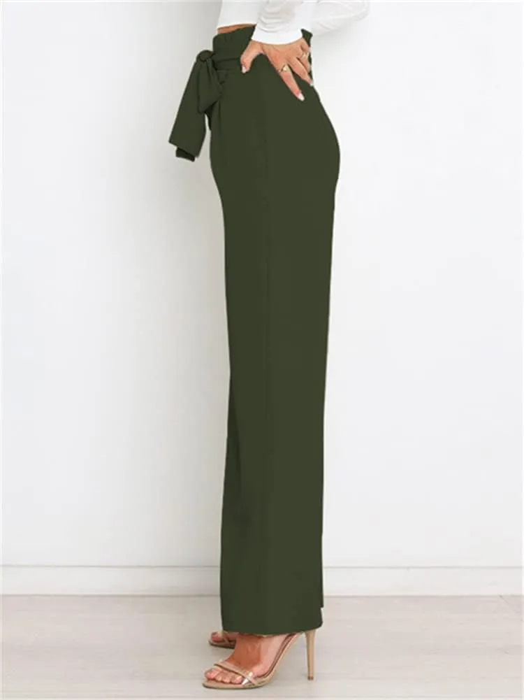 HOULENGS Women's High Waist Straight Suit Trousers Casual Wide Leg Long Pants with Pockets