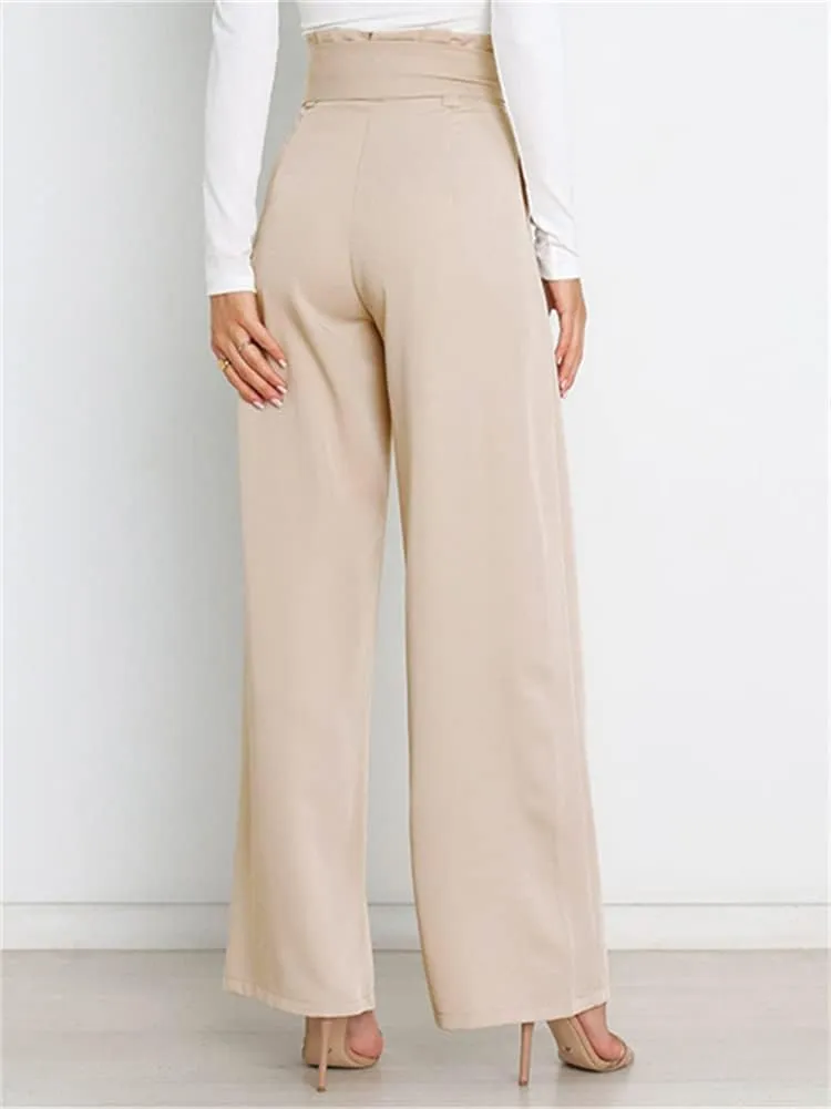 HOULENGS Women's High Waist Straight Suit Trousers Casual Wide Leg Long Pants with Pockets