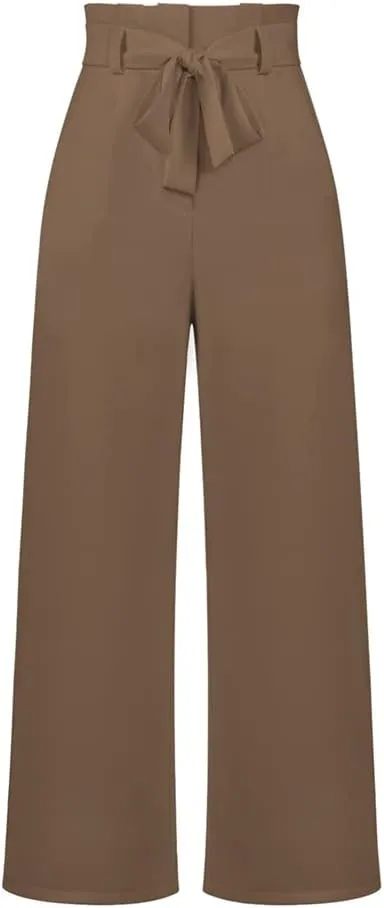HOULENGS Women's High Waist Straight Suit Trousers Casual Wide Leg Long Pants with Pockets