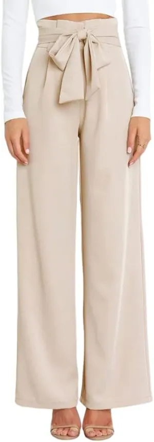 HOULENGS Women's High Waist Straight Suit Trousers Casual Wide Leg Long Pants with Pockets
