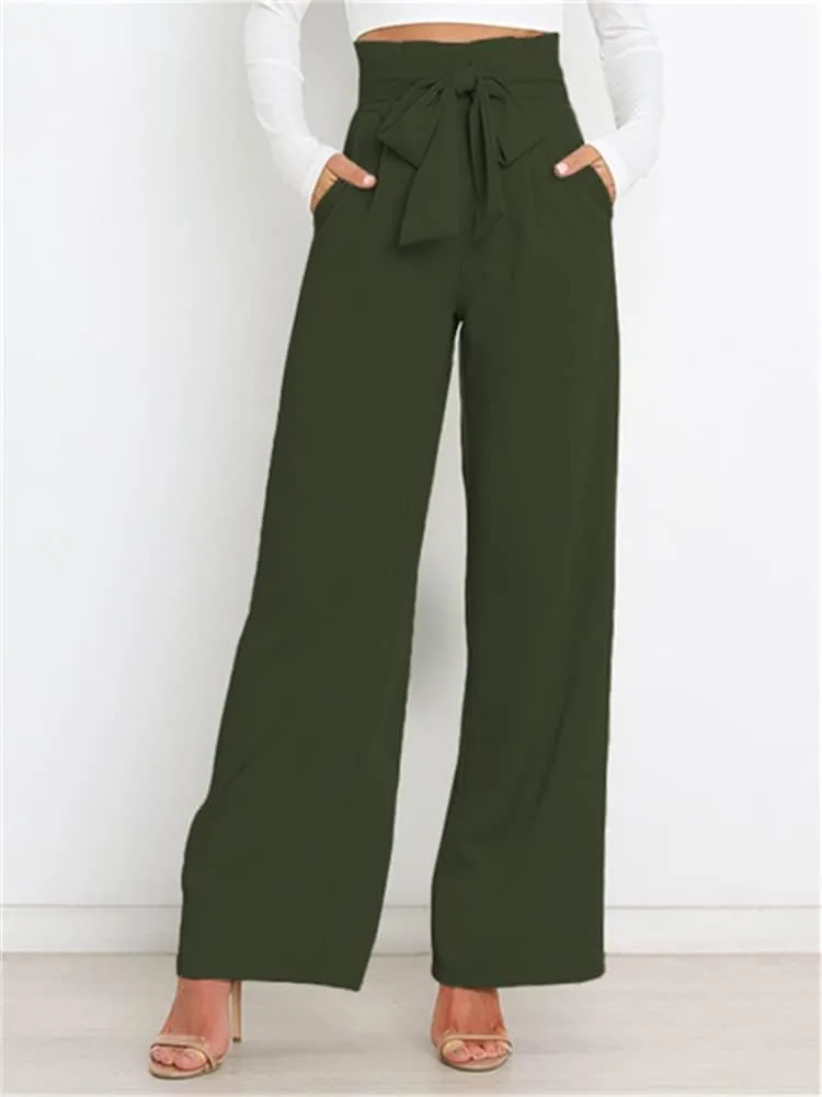 HOULENGS Women's High Waist Straight Suit Trousers Casual Wide Leg Long Pants with Pockets
