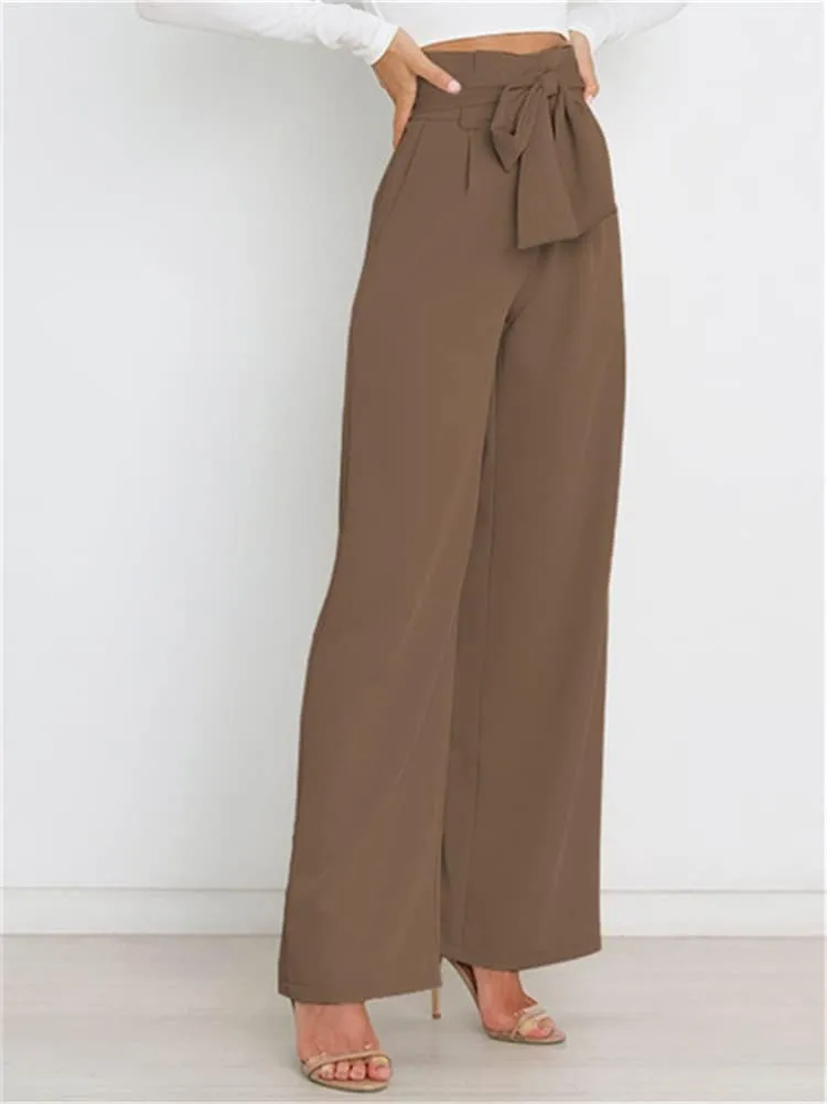 HOULENGS Women's High Waist Straight Suit Trousers Casual Wide Leg Long Pants with Pockets