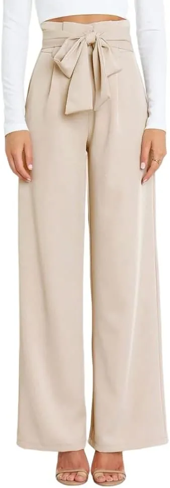 HOULENGS Women's High Waist Straight Suit Trousers Casual Wide Leg Long Pants with Pockets