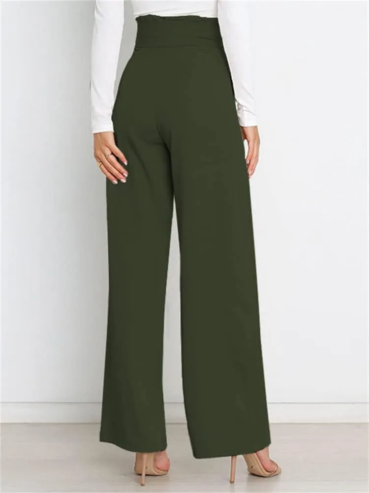 HOULENGS Women's High Waist Straight Suit Trousers Casual Wide Leg Long Pants with Pockets