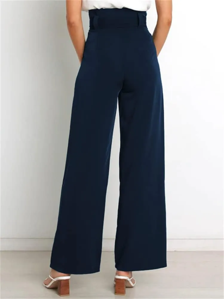 HOULENGS Women's High Waist Straight Suit Trousers Casual Wide Leg Long Pants with Pockets