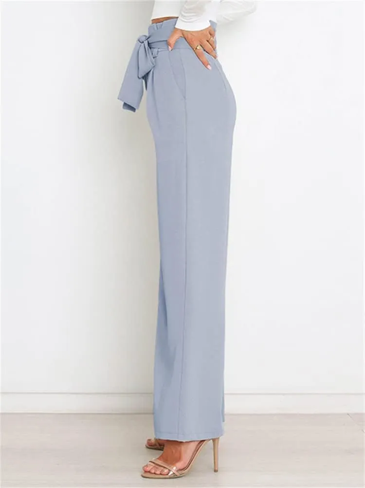 HOULENGS Women's High Waist Straight Suit Trousers Casual Wide Leg Long Pants with Pockets