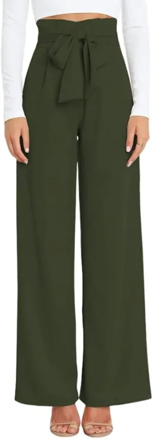 HOULENGS Women's High Waist Straight Suit Trousers Casual Wide Leg Long Pants with Pockets