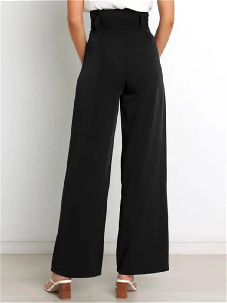 HOULENGS Women's High Waist Straight Suit Trousers Casual Wide Leg Long Pants with Pockets