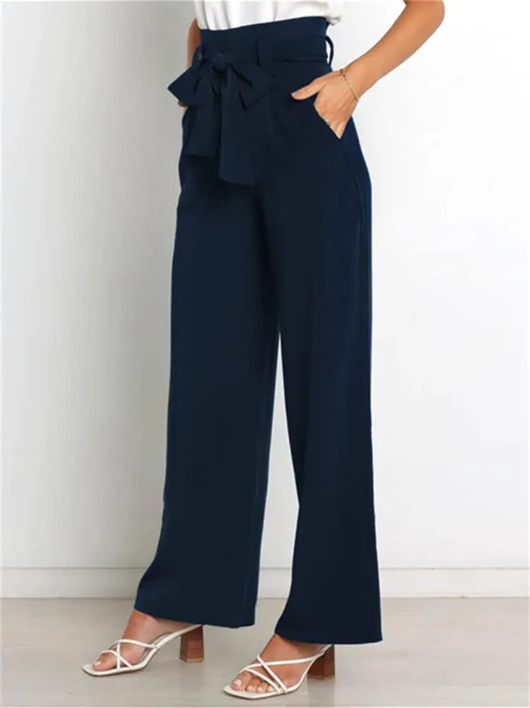 HOULENGS Women's High Waist Straight Suit Trousers Casual Wide Leg Long Pants with Pockets