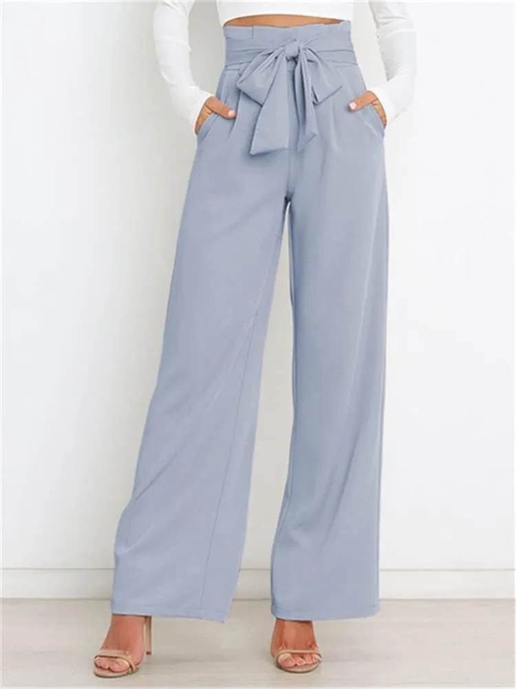 HOULENGS Women's High Waist Straight Suit Trousers Casual Wide Leg Long Pants with Pockets