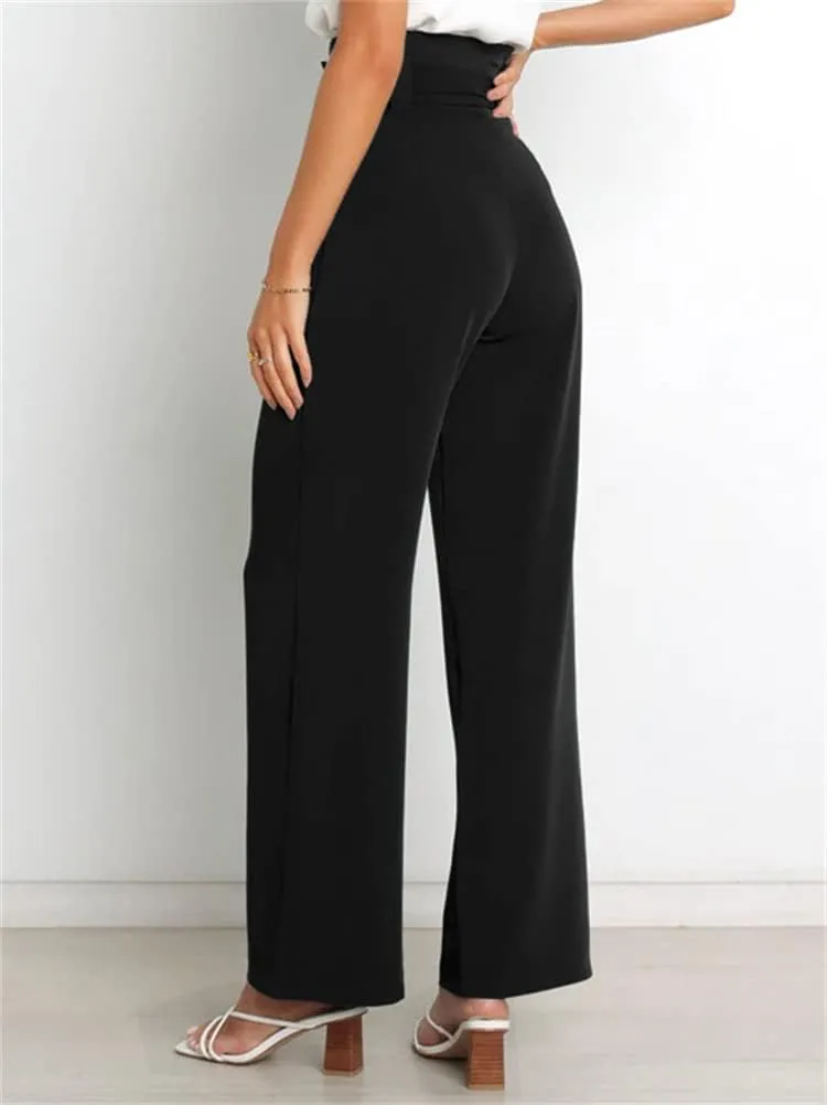 HOULENGS Women's High Waist Straight Suit Trousers Casual Wide Leg Long Pants with Pockets