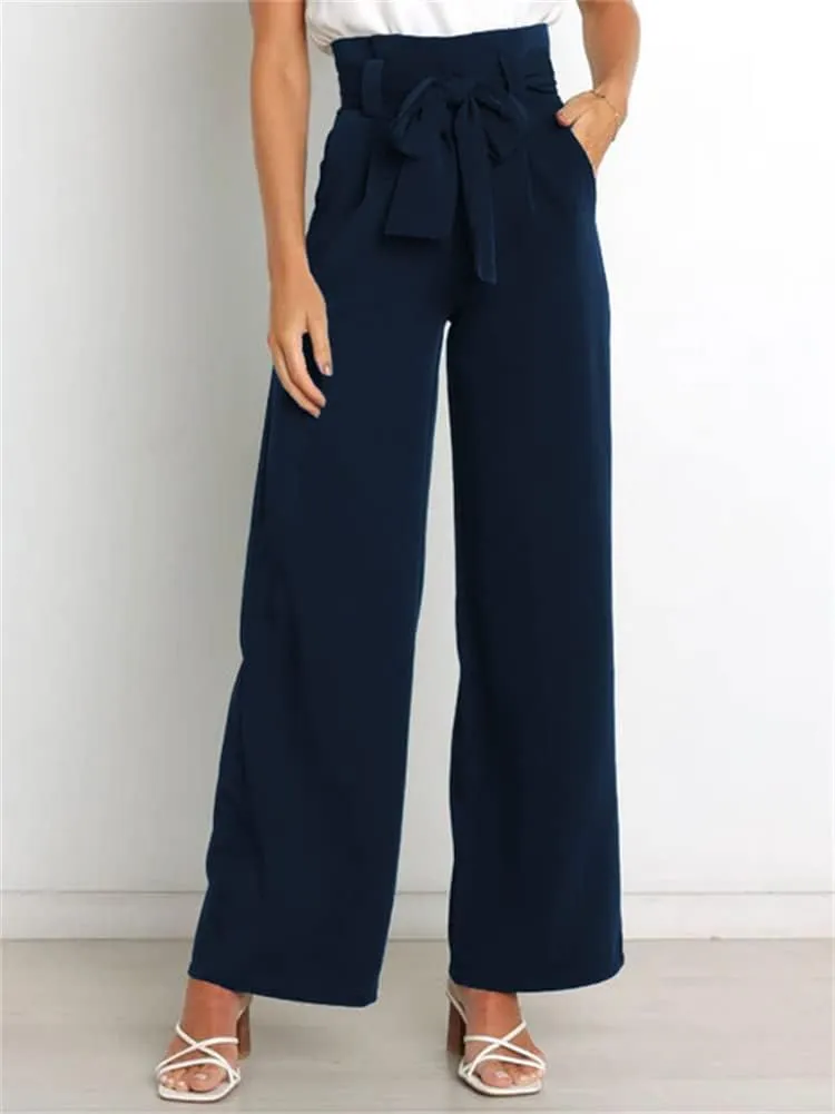 HOULENGS Women's High Waist Straight Suit Trousers Casual Wide Leg Long Pants with Pockets