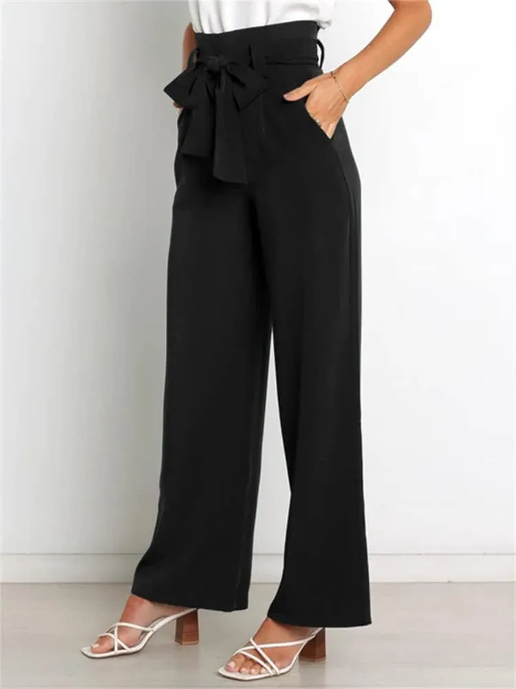 HOULENGS Women's High Waist Straight Suit Trousers Casual Wide Leg Long Pants with Pockets