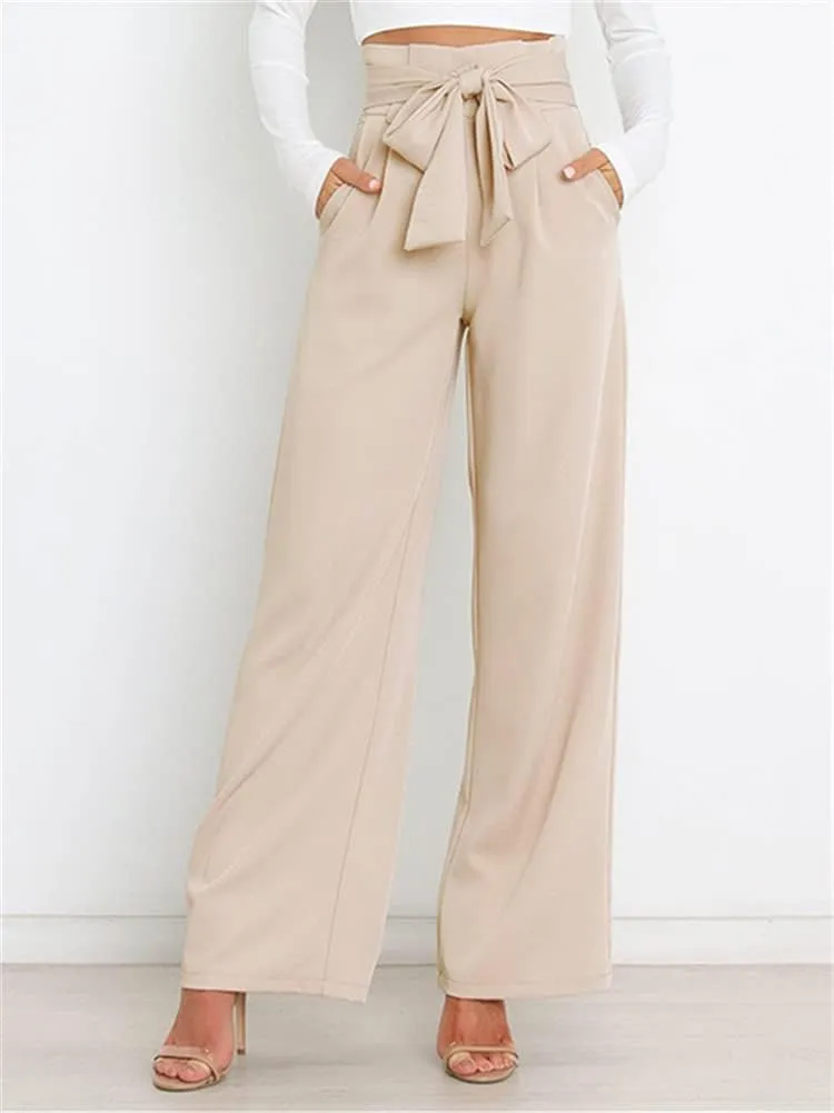 HOULENGS Women's High Waist Straight Suit Trousers Casual Wide Leg Long Pants with Pockets