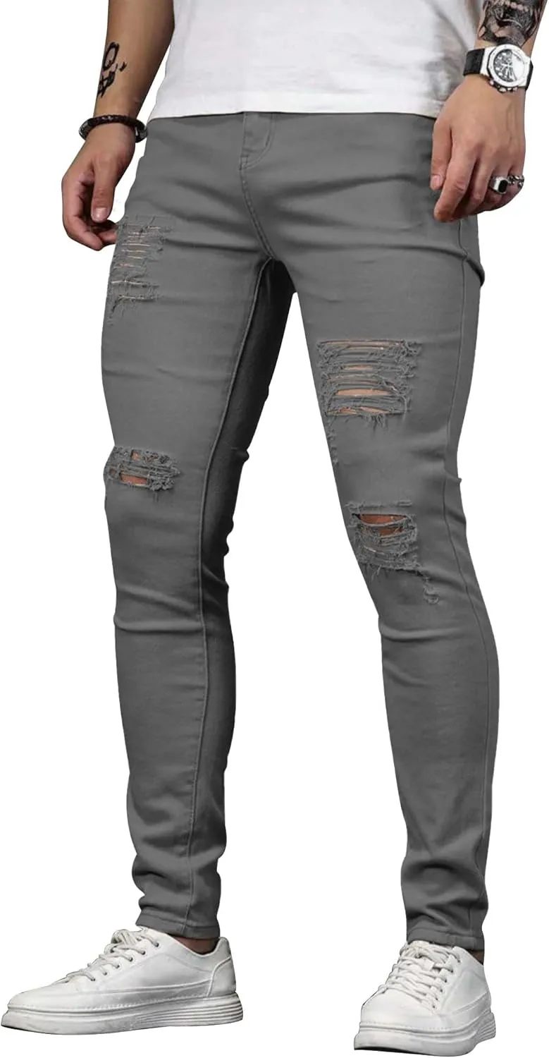 HUNGSON Men's Blue Slim Fit Jeans Stretch Destroyed Ripped Skinny Jeans Side Striped Denim Pants