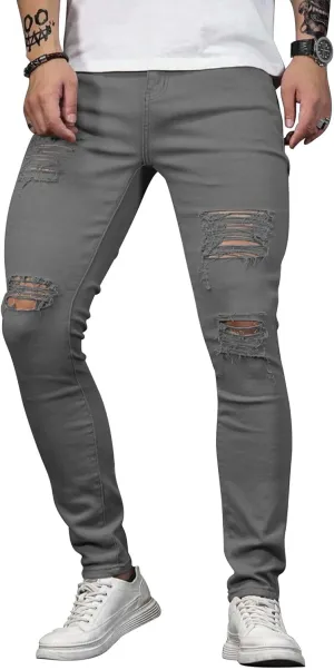 HUNGSON Men's Blue Slim Fit Jeans Stretch Destroyed Ripped Skinny Jeans Side Striped Denim Pants
