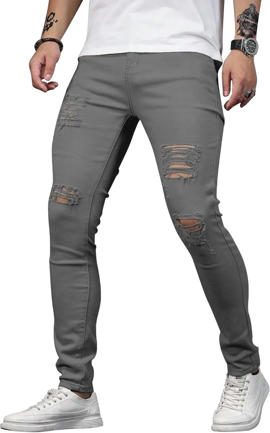 HUNGSON Men's Blue Slim Fit Jeans Stretch Destroyed Ripped Skinny Jeans Side Striped Denim Pants