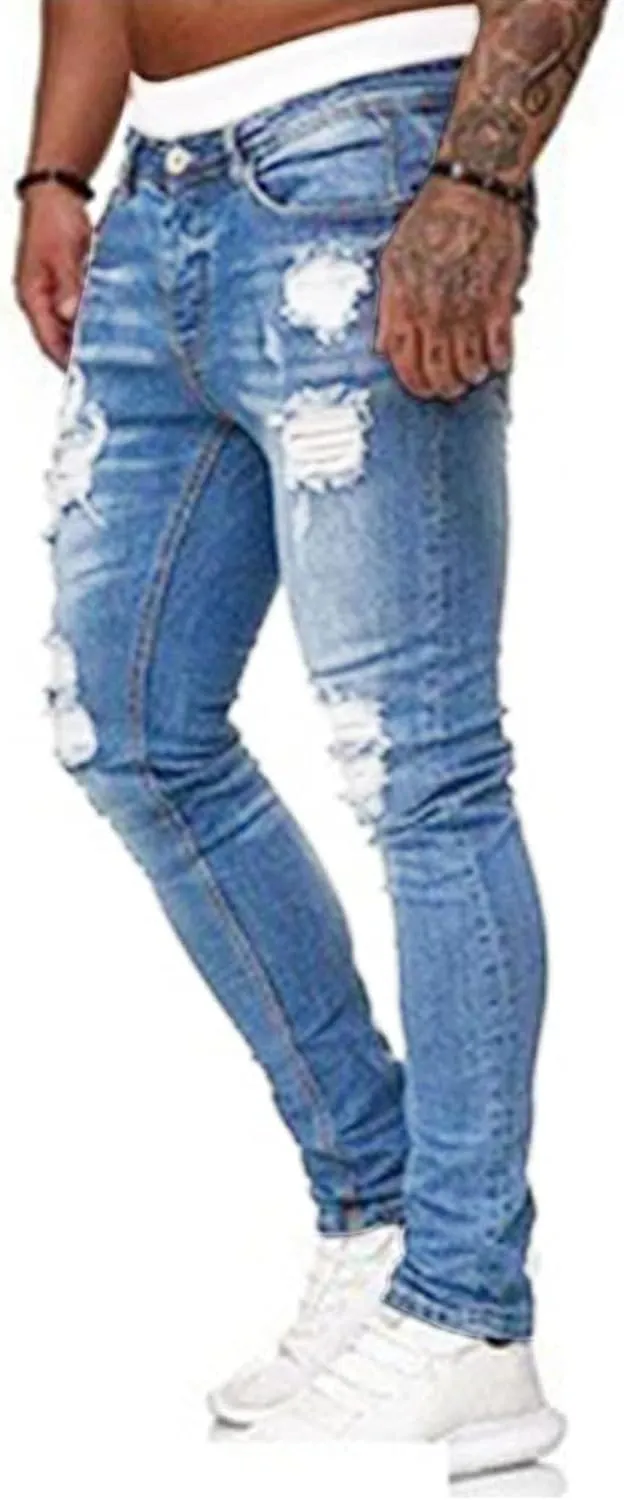 HUNGSON Men's Blue Slim Fit Jeans Stretch Destroyed Ripped Skinny Jeans Side Striped Denim Pants