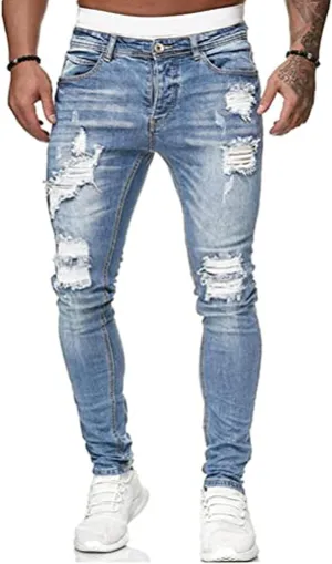 HUNGSON Men's Blue Slim Fit Jeans Stretch Destroyed Ripped Skinny Jeans Side Striped Denim Pants