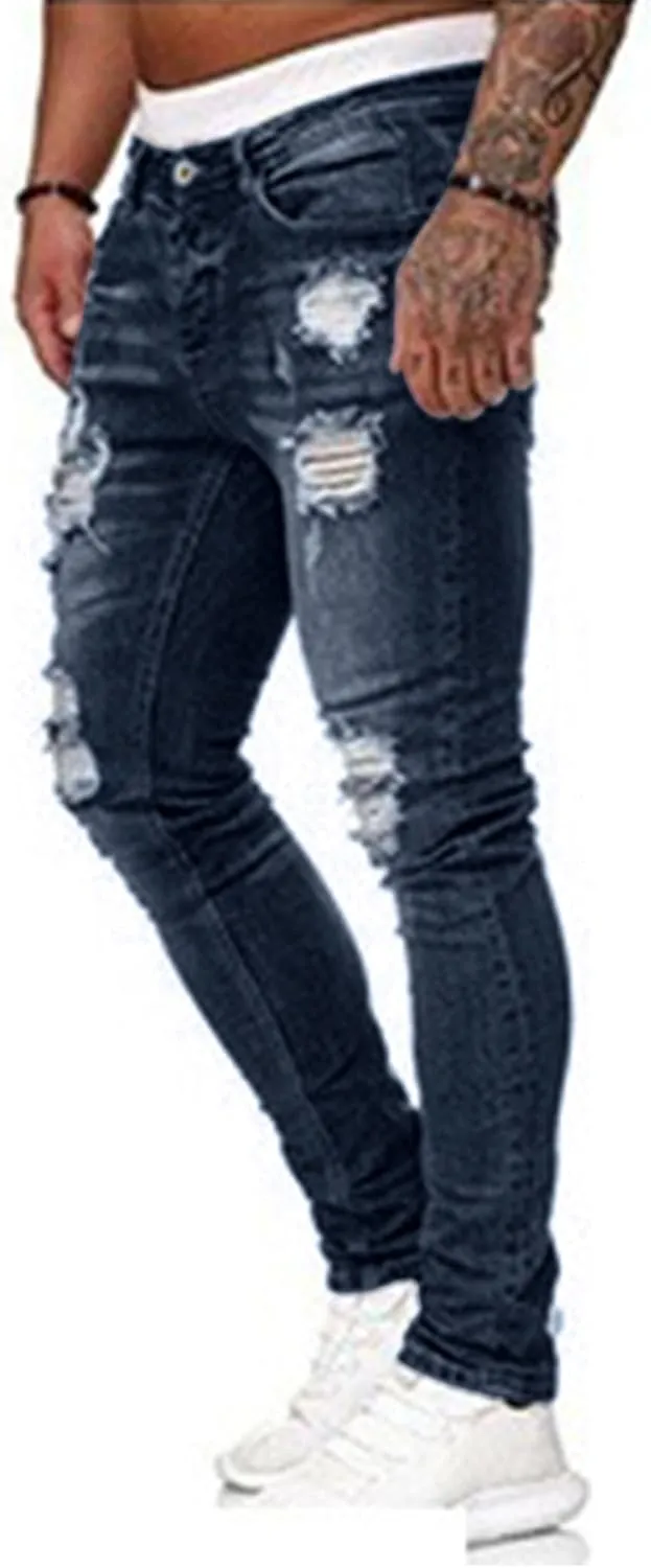 HUNGSON Men's Blue Slim Fit Jeans Stretch Destroyed Ripped Skinny Jeans Side Striped Denim Pants
