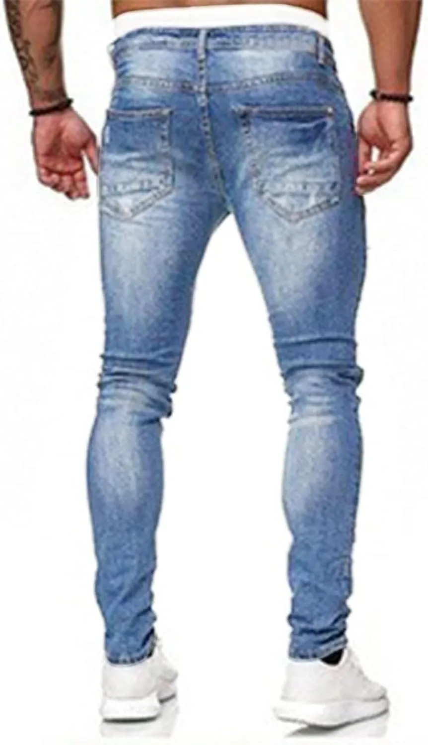 HUNGSON Men's Blue Slim Fit Jeans Stretch Destroyed Ripped Skinny Jeans Side Striped Denim Pants