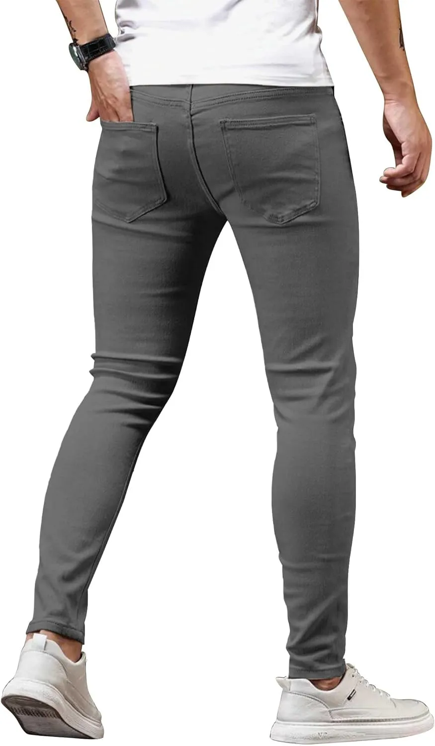HUNGSON Men's Blue Slim Fit Jeans Stretch Destroyed Ripped Skinny Jeans Side Striped Denim Pants