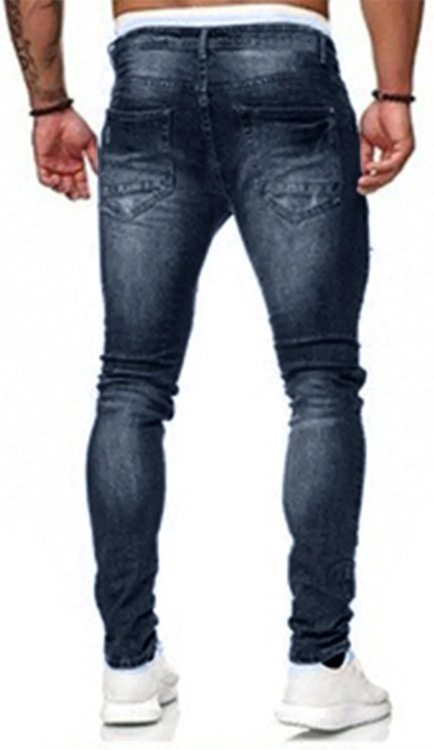 HUNGSON Men's Blue Slim Fit Jeans Stretch Destroyed Ripped Skinny Jeans Side Striped Denim Pants