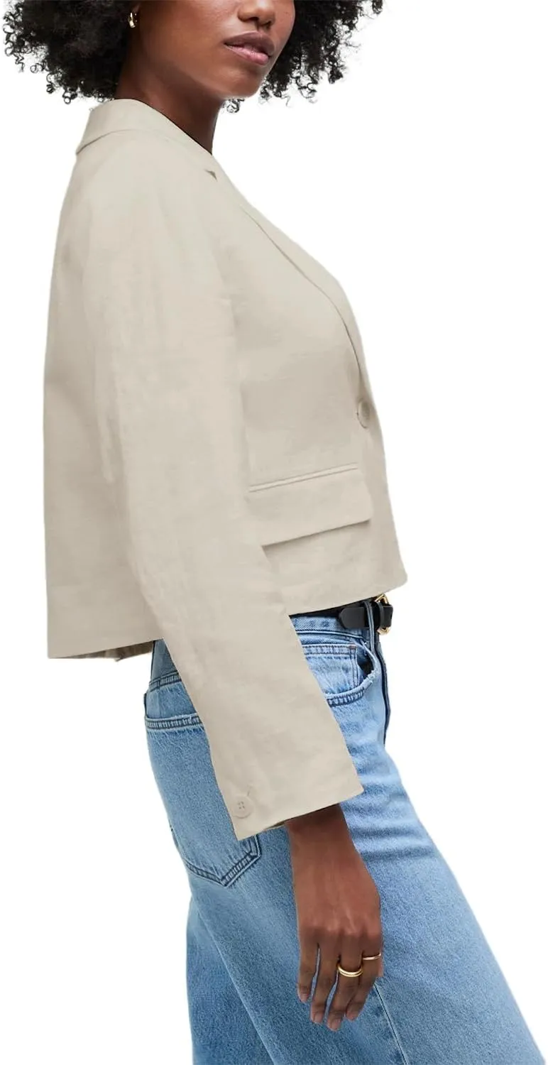 IDEALSANXUN Womens Cropped Blazer Casual Lightweight Cotton Linen Blazer Suit Jackets