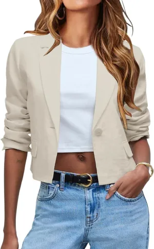 IDEALSANXUN Womens Cropped Blazer Casual Lightweight Cotton Linen Blazer Suit Jackets