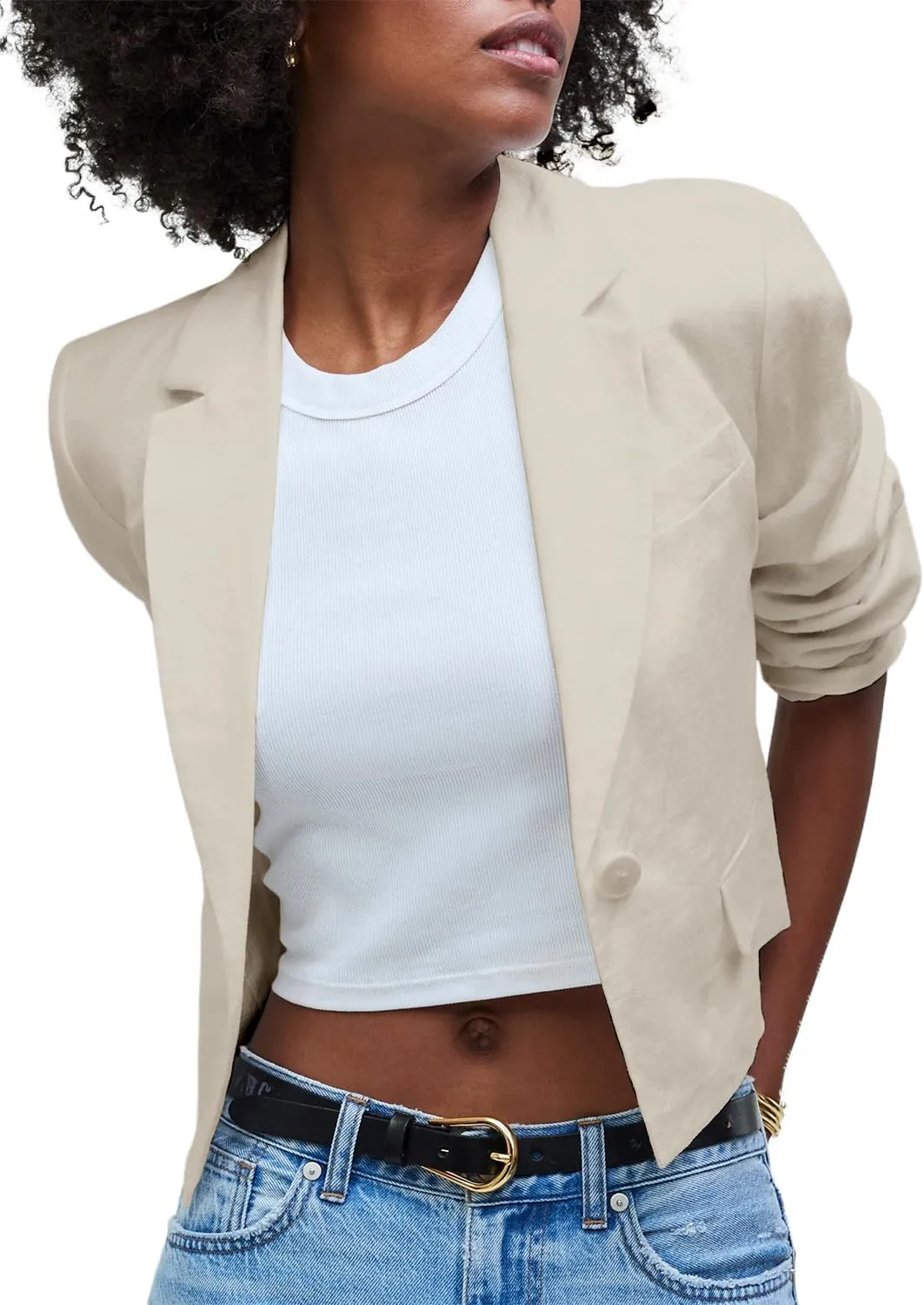 IDEALSANXUN Womens Cropped Blazer Casual Lightweight Cotton Linen Blazer Suit Jackets