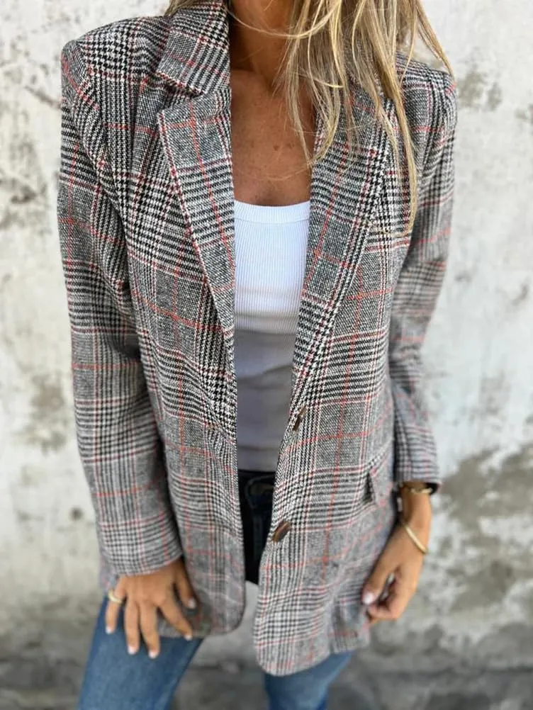 IDEALSANXUN Womens Tweed Blazer Casual Plaid Houndstooth Blazer Work Suit Jackets
