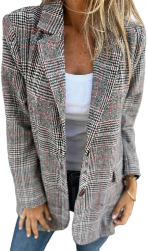 IDEALSANXUN Womens Tweed Blazer Casual Plaid Houndstooth Blazer Work Suit Jackets