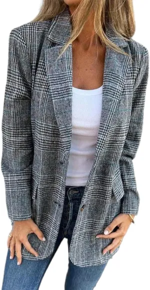 IDEALSANXUN Womens Tweed Blazer Casual Plaid Houndstooth Blazer Work Suit Jackets